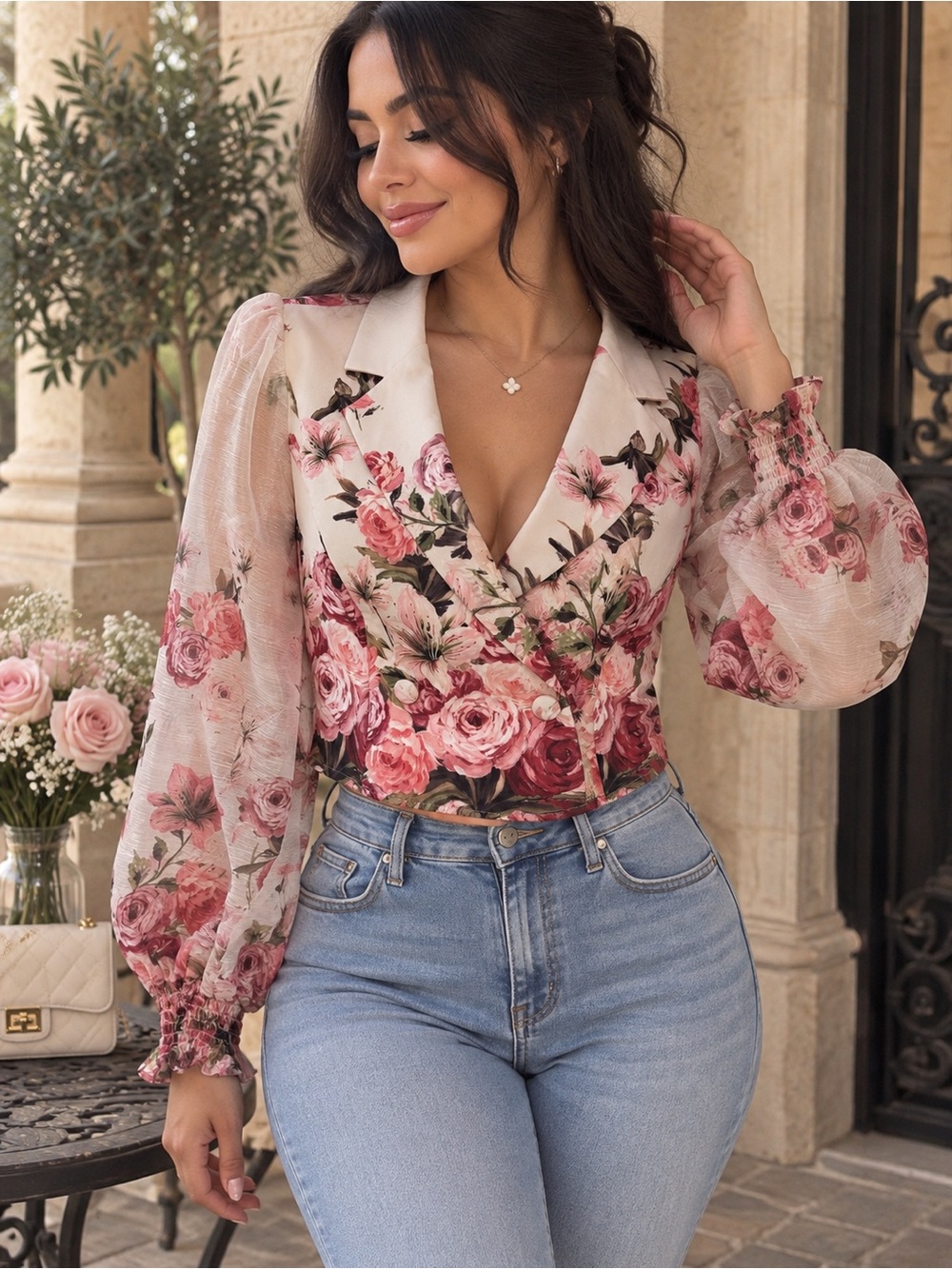 Peach Floral Cropped Blazer Sheer Puff Organza Sleeves Pink Rose Size S NWT